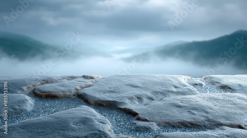 Closeup view of a textured frozen rock or ice stage suitable for product placement, set against a dramatic, foggy mountain landscape under a moody blue sky, emphasizing a cold, nat