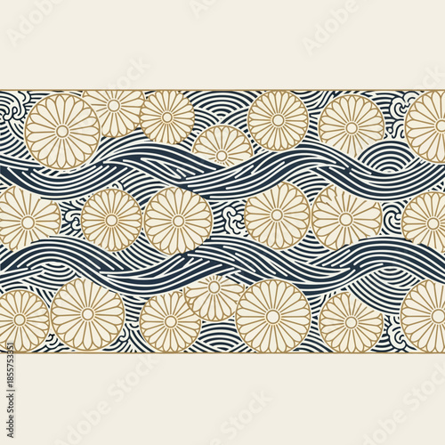 Japanese Chrysanthemum and Wave Seamless Pattern Traditional Floral Design Background.png