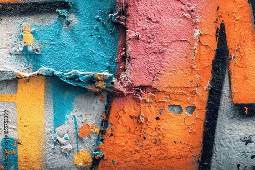 Vibrant street art adorns a weathered wall, showcasing colorful designs that reflect urban creativity and artistic expression in a lively neighborhood