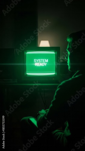 Retro Monitor Displaying System Ready Vintage Technology Green Screen Dark Room. Concept featuring retro, monitor, system ready, vintage technology, green screen.