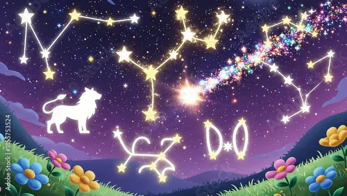 Zodiac Constellations and Lion in a Dreamy Night Sky.