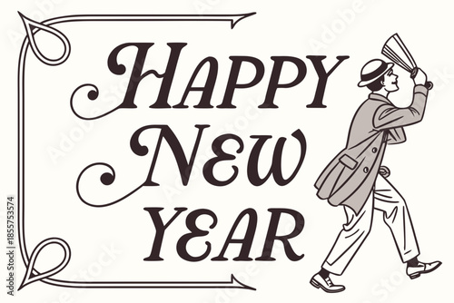 Vintage man celebrating Happy New Year with party horn