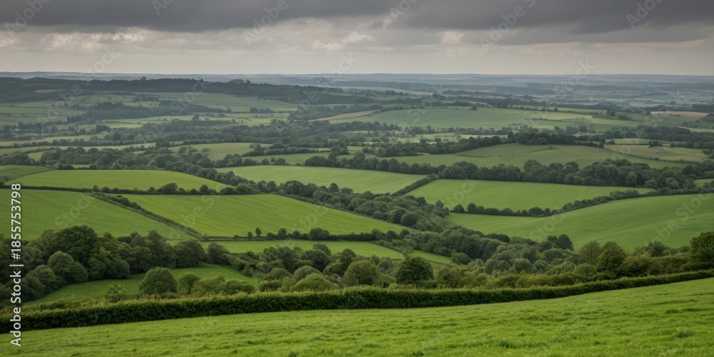 Obraz premium Grüne Hügellandschaft mit weitläufigen Feldern und Wolkenhimmel