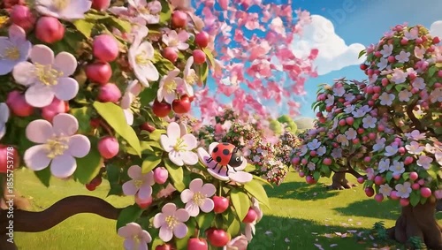 A vibrant animated scene of a bee and a ladybug in a blooming orchard, with petals falling from the trees under a bright blue sky.