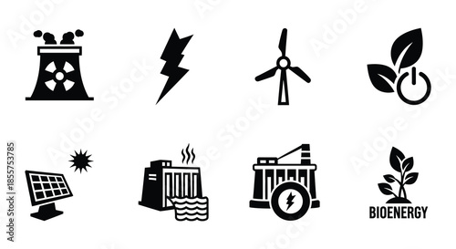 Illustrations of various energy sources and renewable power generation methods