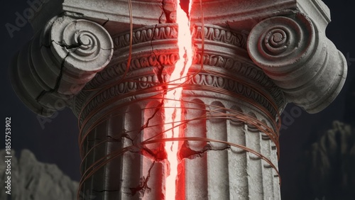 Cracked Ancient Column with Red Light Architecture Destruction Power. Concept featuring ancient, column, architecture, crack, red light.
