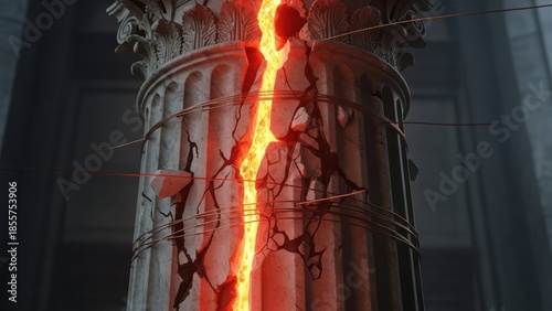 Cracked Column with Lava Destruction Ancient Architecture. Concept featuring column, lava, crack, destruction, ancient.