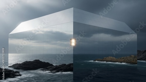 Reflective Cube by the Ocean Surreal Architecture Reflection. Concept featuring surreal, architecture, ocean, reflection, cube.