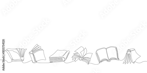 Minimal continuous one line illustration of open and stacked books in a flowing horizontal layout, symbolizing reading, knowledge, education, and lifelong learning, Vector Editable stroke