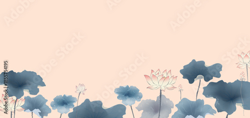 Soft, pastel lotus images, each featuring soft pink lotus flowers and green leaves on a calm, light-colored background, creating a calm and harmonious scene.