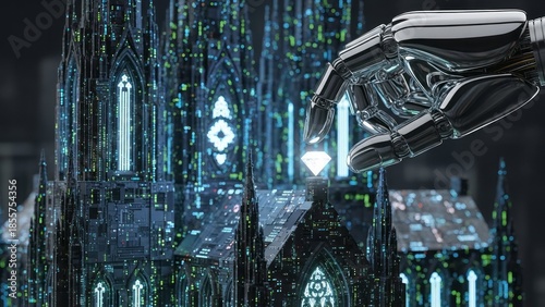Robot Hand Placing Diamond on Digital Cathedral Technology Futuristic Architecture. Concept featuring robot, hand, diamond, cathedral, digital.