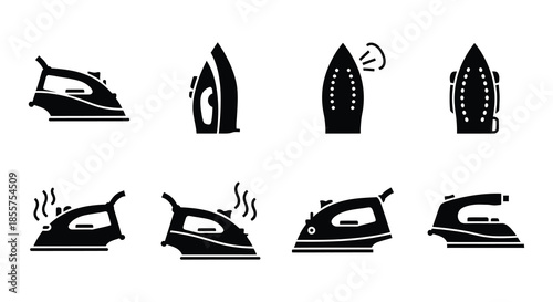 Various perspectives of an iron including side top and steam views