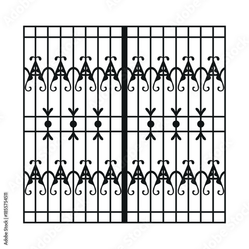 Minimalist flat illustration of a wrought iron window grill featuring classic floral ornaments and vertical bars. Perfect for architectural design, home security, and decor concepts
