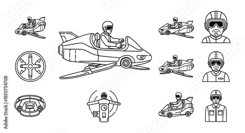 Line art illustration of futuristic speeders pilots and related design elements