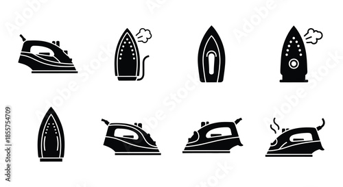 Various perspectives of an iron including side top and steam views