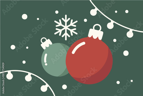 Vibrant Christmas ornaments on festive green background with snowflakes