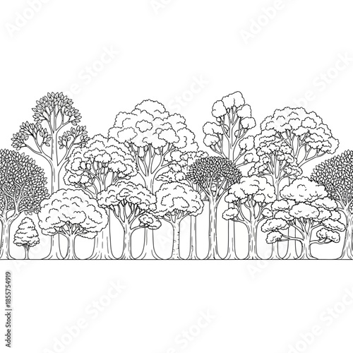 Black and White Forest Trees Line Art Seamless Pattern Background Illustration.png