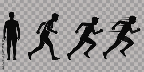 Black vector illustration of silhouettes of dancing women and athletic girls in action, featuring people running, jumping, and exercising as fitness runners or dancers in a sport race