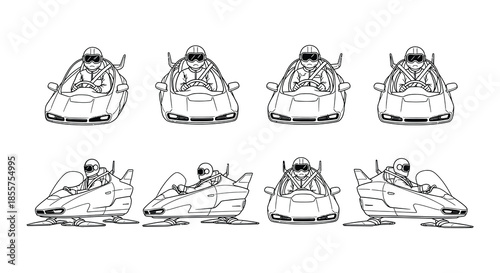 Line art illustration of futuristic speeders pilots and related design elements