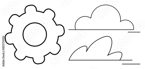 Cloud computing, technology infrastructure, digital transformation, data storage, innovation, efficiency. Gear and clouds illustration. Cloud computing and technology infrastructure concept