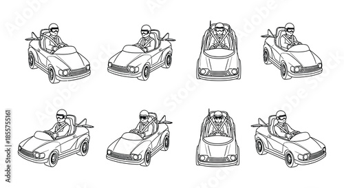 Line art illustration of futuristic speeders pilots and related design elements