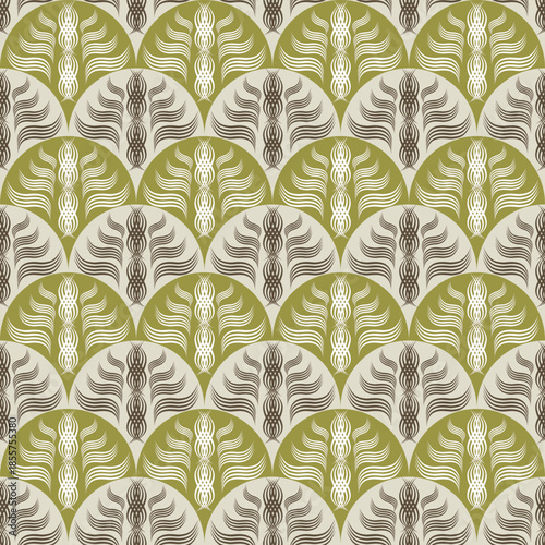 A light olive and cream scallop pattern showcasing intricate, woven feather-like designs with a rhythmic, organic feel.