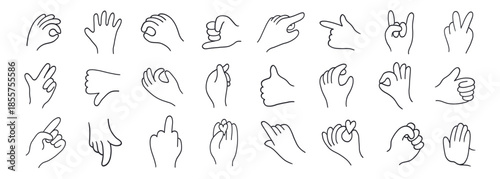 Sketch gestures, black and white, isolated. Doodle hand gesture set. Different hands in gestures okay, stop, rock, thumb up, peace, pointing, love, waving hand. Hand drawn Vector illustration.