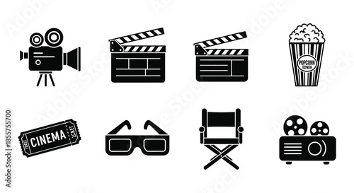 Black and white icons representing cinema movies and film industry elements