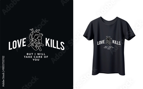 Black t-shirt with Love Kills slogan and heart design