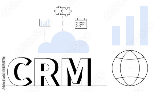 CRM concept. CRM integrating cloud computing, analytics, and global data solutions. CRM enhancing customer management and business workflows. For digital marketing, SaaS, business operations, tech