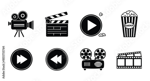Black and white icons representing cinema movies and film industry elements