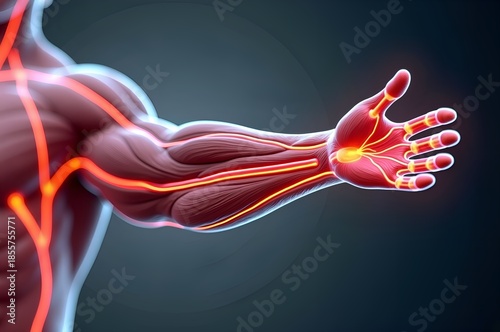 Human Arm Anatomy Illustration: Muscles and Vessels