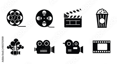 Black and white icons representing cinema movies and film industry elements