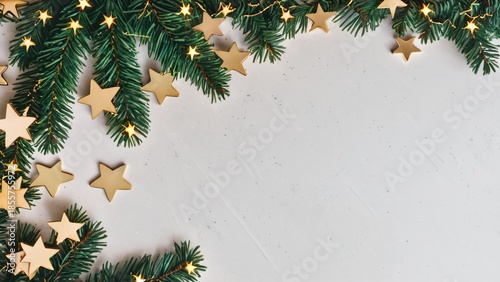 Fir Branches with Golden Lights on White