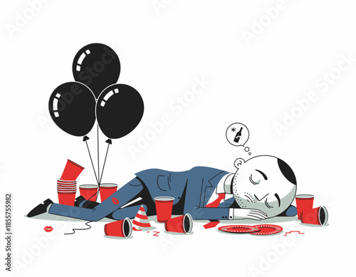A man lies on the floor surrounded by party debris, balloons, and cups in a messy room, vector illustration, flat design