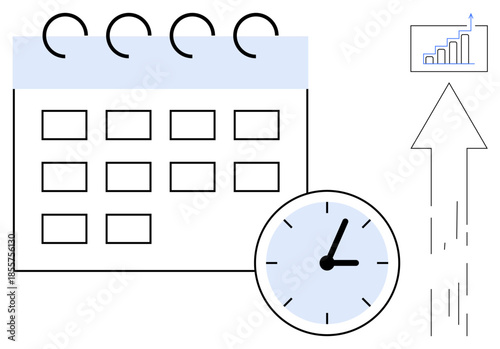 Time management, productivity planning, business scheduling, efficiency, workflow improvement, and growth monitoring. A calendar, clock and growth chart are . Time management and productivity ideas