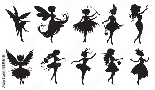  silhouettes magical fairies in the cartoon style 