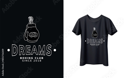 Black t shirt with boxing glove logo and DREAMS text on white background