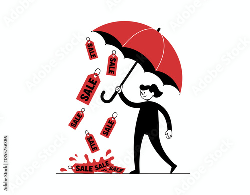 A person walking with an umbrella surrounded by sale tags in a flat design style