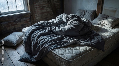 Detailed texture of a crumpled cotton duvet and heavily wrinkled sheets on an unmade bed. Macro style details of fabric folds, gritty creases, and an exposed mattress corner under sharp light.