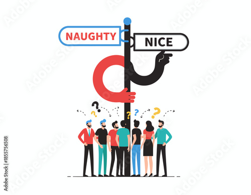 A group of people standing below a giant hand holding signs that say naughty or nice, vector illustration, flat design, corporate style