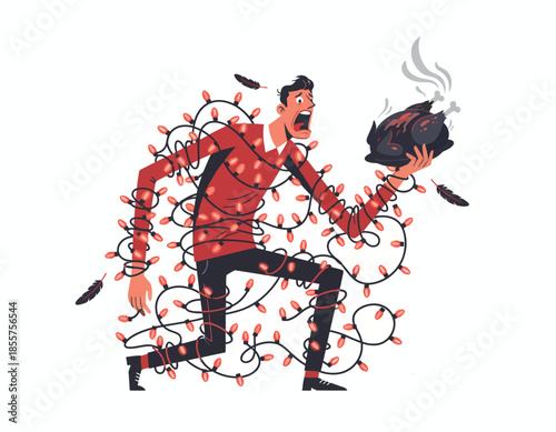 A man entangled in Christmas lights runs with a smoking laptop in hand, showcasing a chaotic scene in a flat design illustration.