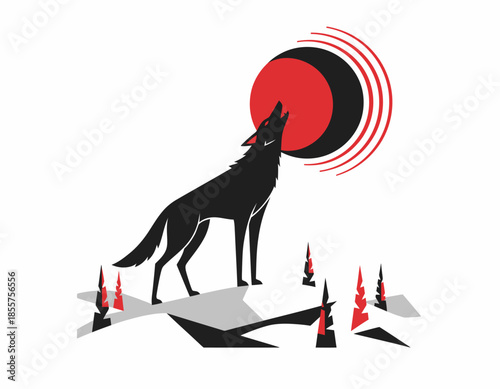 Vector illustration of a wolf howling at a red moon in a flat design style with exaggerated proportions.