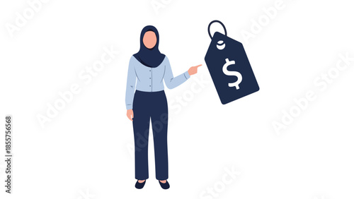 Woman in Hijab Pointing at Price Tag with Dollar Sign