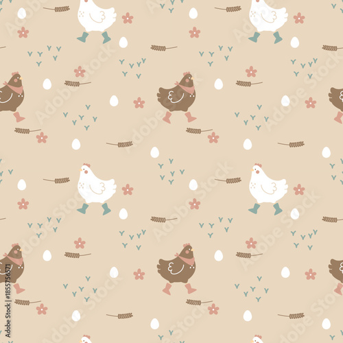seamless minimal chicken animal and egg repeat pattern background, flat vector illustration graphic design