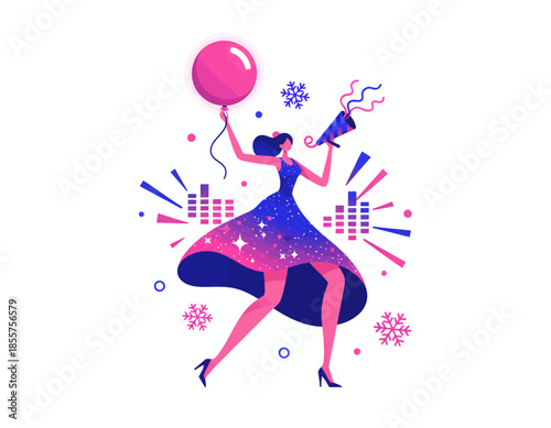 Vibrant female character celebrating with balloon and confetti in dynamic pose, vector illustration, flat design, exaggerated proportions