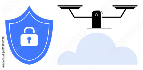 Data security, online privacy, technology, surveillance systems, cloud storage, digital protection. Blue shield with lock, surveillance camera and cloud design. Data security and online privacy