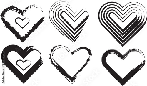 Set of hand drawn black ink heart shapes and grunge romantic border vector elements for Valentines Day and wedding design