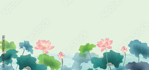 Soft, pastel lotus images, each featuring soft pink lotus flowers and green leaves on a calm, light-colored background, creating a calm and harmonious scene.