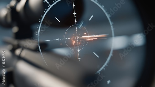 Close-up of a digital target reticle locking onto a moving object on a screen, symbolizing precision, tracking technology, and goal acquisition systems. cinematic color correction, natural uneven